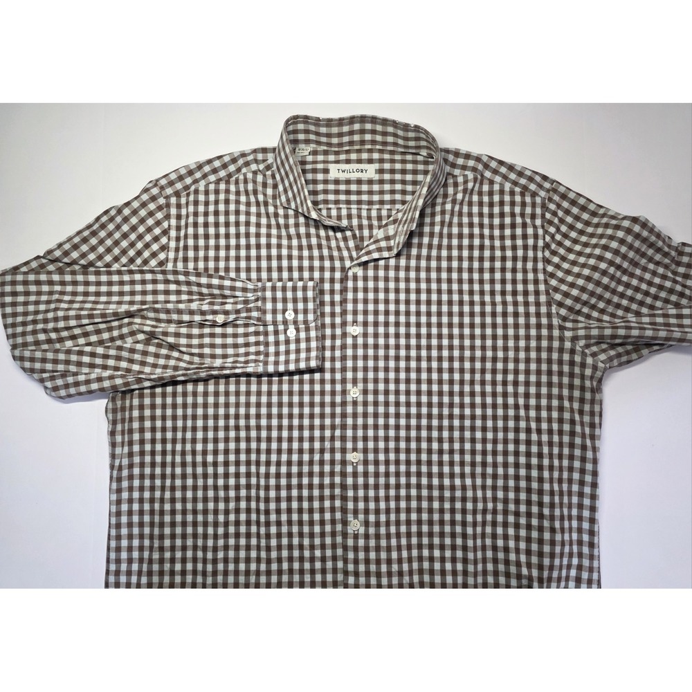 Twillory Mens 2XL 18 36/37 Tailored Fit Brown Check Long Sleeve Button Shirt